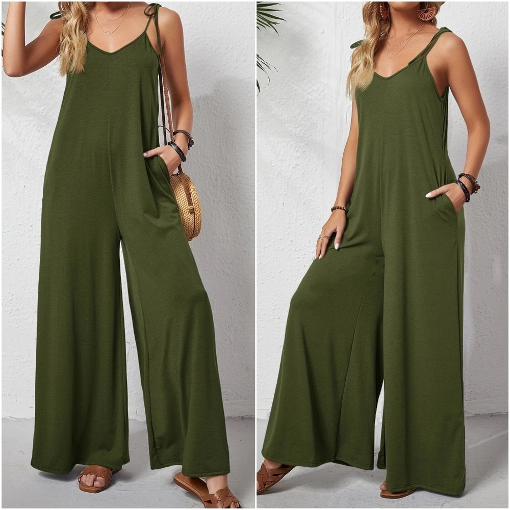 Boho Green Wide Leg Casual Jumpsuit - Picture 1 of 2